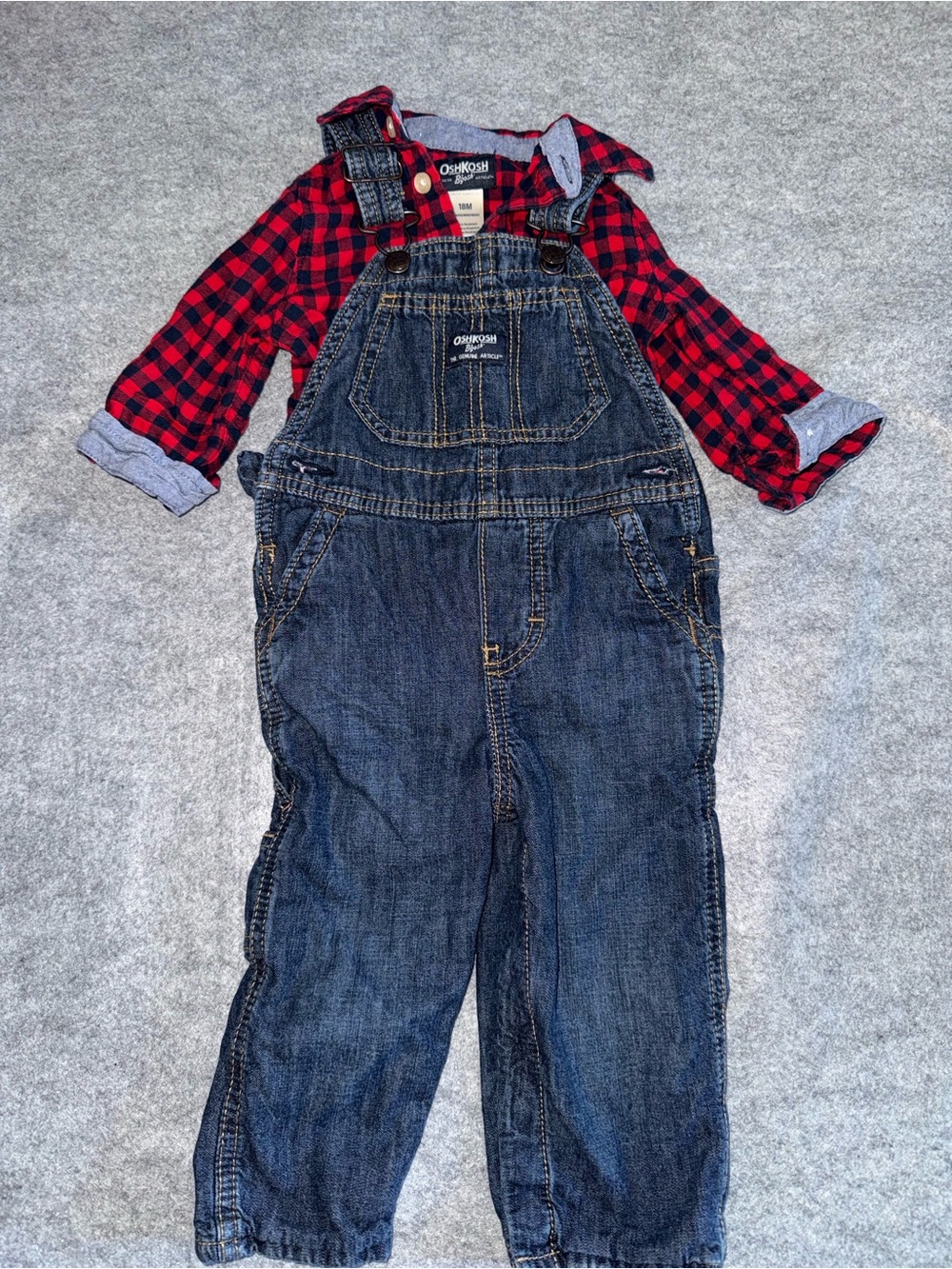 OshKosh B'gosh Dark Blue Denim Overalls with Red Plaid Shirt